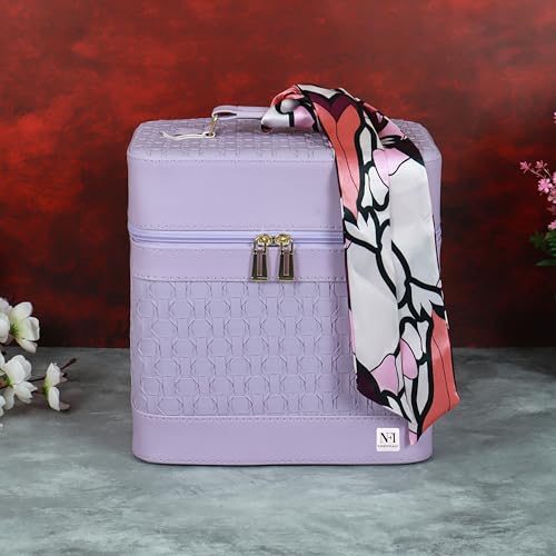 Image of NFI essentials Cosmetic Storage Makeup Bag for Womens Train Case Travel Pouch Organizer Brush Holder Artist Vanity Bridal Trousseau Box for Girls with Silk Scarf Accent