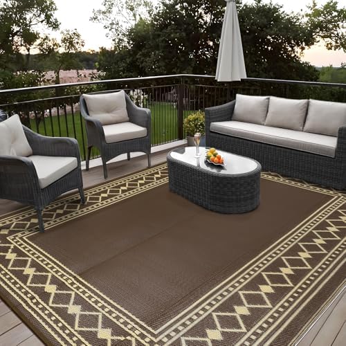 Garvee 8x10 Outdoor Rug for Farmhouse RV Contemporary Brown Picnic Carpets