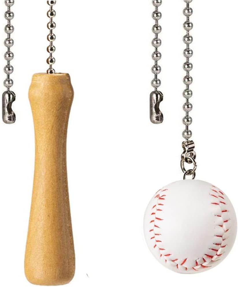 Baseball and Baseball Bats Ceiling Fan Pull Chain Ornaments Extender，with 12" Silver Bead Chain Fan Pulls
