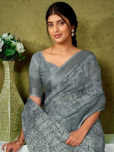 Image of Satrani Women's Linen Printed & Zari Border Ready To Wear One Minute Pre Pleated Readymade Saree with Unstitched Blouse Piece