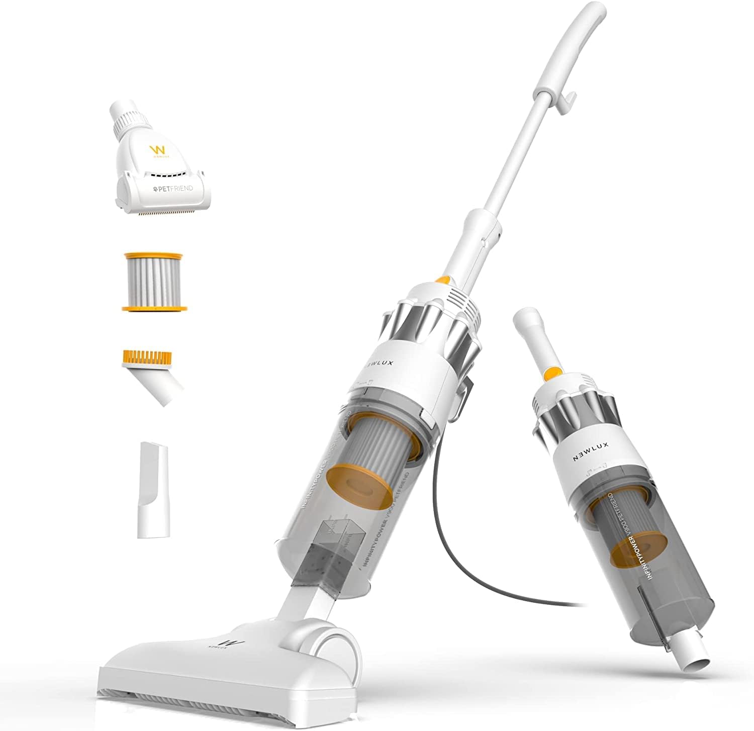 NEWLUX - Aspirapolvere con Filo 2in1 V900, verticale e manuale, 800 W, 2L, 16,5 Kpa, Triple Sist. Filtraggio (F.HEPA) e Tecnologia Ciclonica | 5 m di azione | Efficienza energetica A (bianco)