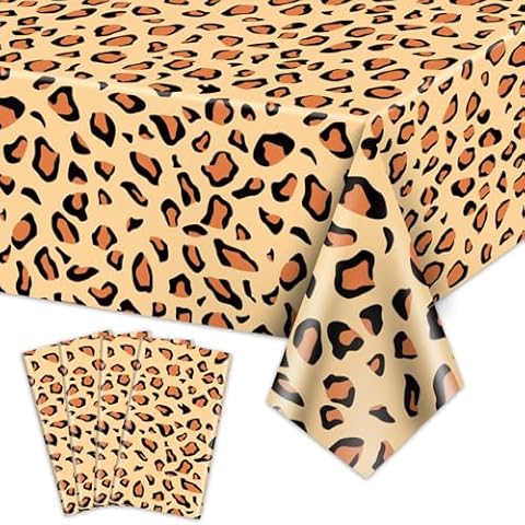 PTECDROTS 4Pcs Leopard Tablecloths, Rectangular Safari Animal Cheetah Print Table Cloths, Cheetah Party Decorations Striped Tablecloth Cover