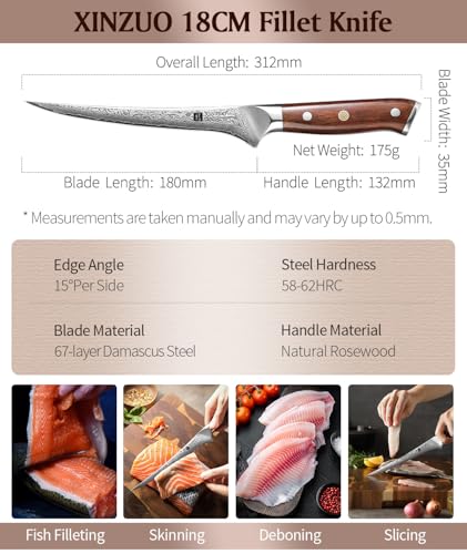 Miniatura 6 de Xinzuo 18cm Cuchillo De Filete Acero Damasco De 67 Capas, Profesional Cuchillo De Filetear Afilado Cuchillo Para Pescado, Cuchillo De Cocina Fileteador Y Para Deshuesar -Mango De Madera De Rosa