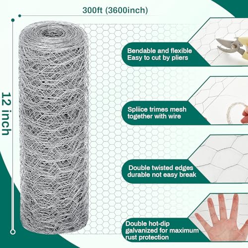 Image of GlikCeil 12 in x 300 ft Chicken Wire Mesh Fencing for Floral Garden, 23 Gauge Silver Galvanized Steel Wire, 1 Inch Hexagonal Hardware Cloth Netting for Farm Crafts Poultry Coop Barrier Rabbit Cage