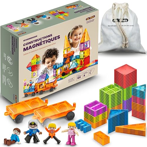 Juego de construcción magnética – 101 azulejos magnéticos, incluidos 2 coches, 4 personajes – bolsa de almacenamiento – juguete educativo ideal para regalo infantil – rompecabezas 3D – niña niño
