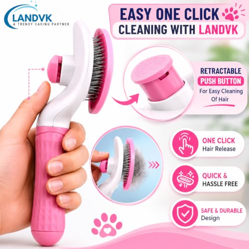 Image of LandVK Self Cleaning Slicker Brush for Dogs & Cats, Pet Grooming Shedding Brush, Easy Push Button Hair Removal, Removes Loose Undercoat, Mats & Tangles, Massage Comb for Long & Short Hair, Oval, Pink