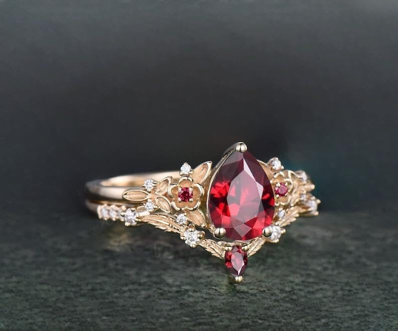 Generic pear red ruby engagement ring twig leaf floral antique unique cluster diamond bridal wedding ring set women gift