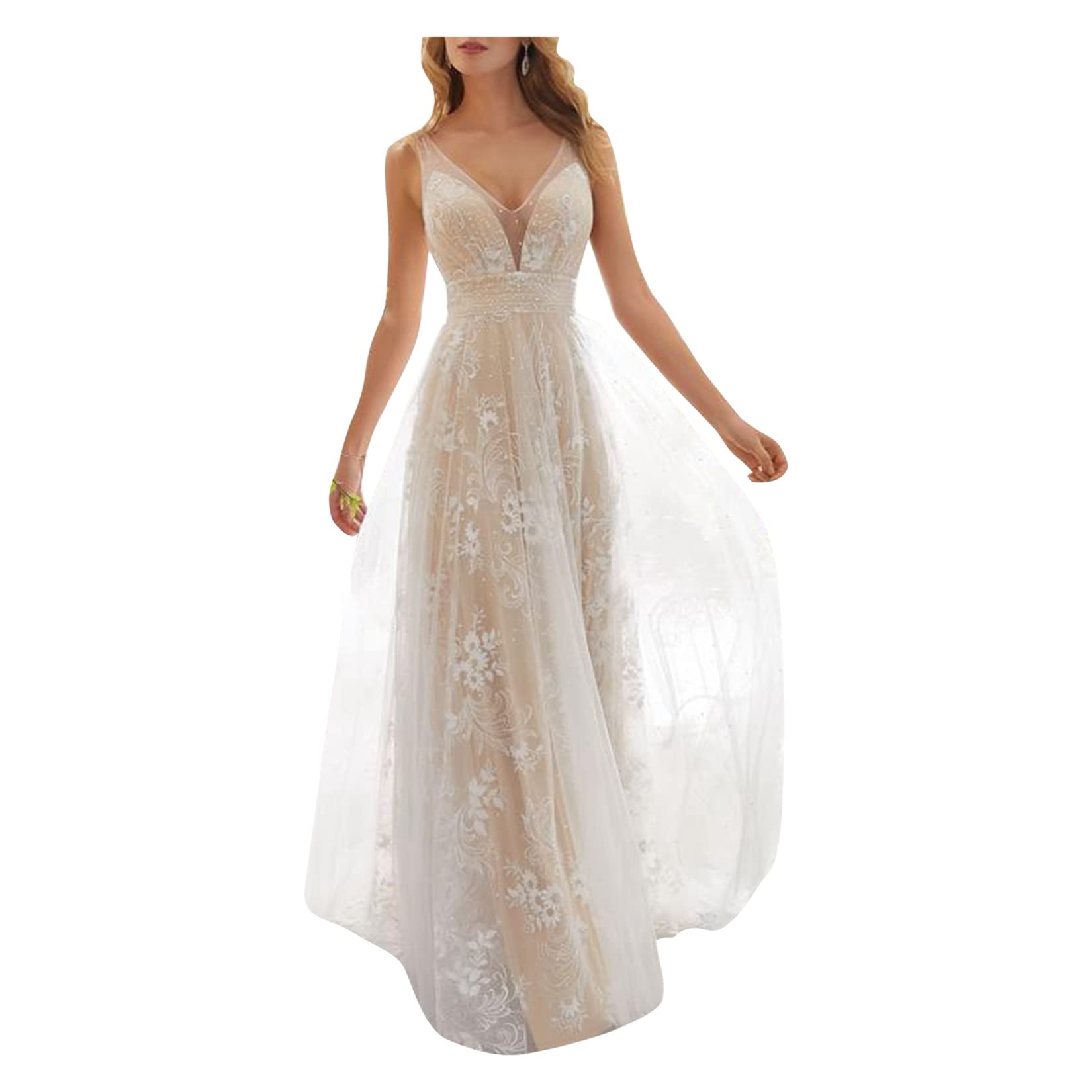 Dawwoti Vestido De Novia para Mujer Double V Cuello Una Línea Empire Wasit Lace Tuille Vestidos De Noche