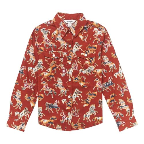 Wrangler Red Multi Aztec Print Horse Girls Collared Long Sleeve Western Snap Shirt 112353022