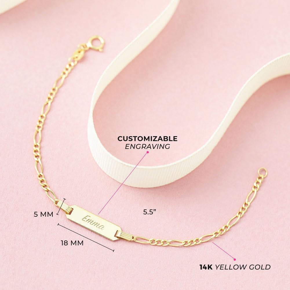 In Season Jewelry 14k Yellow Gold Classic Tag ID Baby Bracelets for Infant Girls - Personalized for Identification - 5.5" Baby Bracelet for Babies & Toddlers