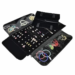 SCIKHEFT Velvet Travel Jewelry Case Roll Bag Organizer for Necklace Bracelet Earrings Ring (Black)
