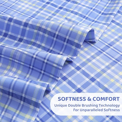 Image of Mooreeke Cozy Plaid Microfiber Printed Queen Sheet Set - Soft & Breathable Purple Yellow Plaid Bed Sheets with Extra Deep Pocket - Non-Slip Fitted Design - Purple Yellow Square Plaid Pattern - Queen