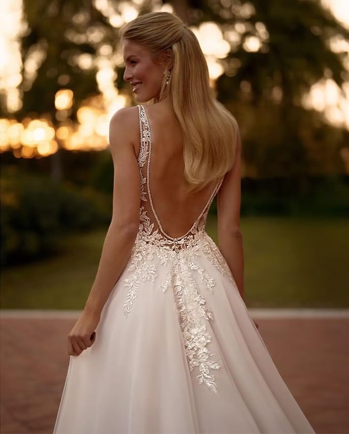 Lace Applique Sleeveless V Neck Wedding Dresses for Bride Long Beach Boho Slit A Line Tulle Bride Gowns3