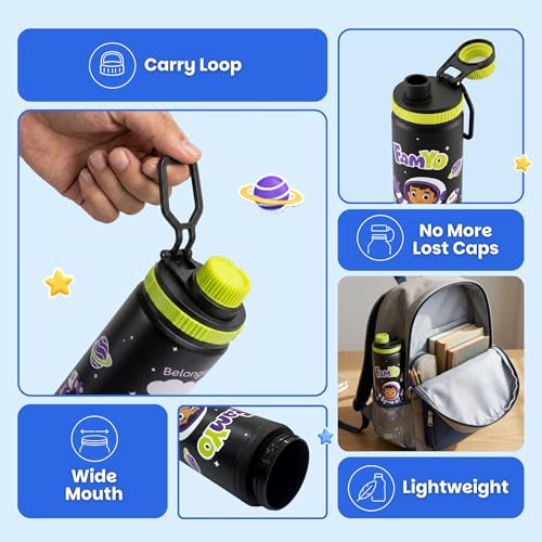 Image of Famyo Stainless Steel Kids Water Bottle 900ml, Leo Astronaut Design | Leakproof Sipper with Carry Loop, BPA Free, Personalizable Name Space, School, Outdoor & Travel, Girls & Boys Ages 4-15