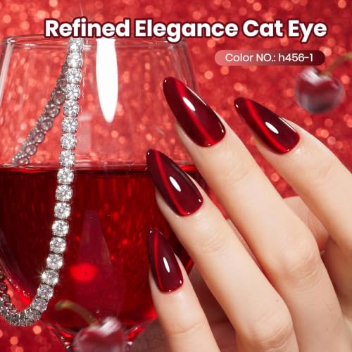 Image of Beetles Red Cat Eye Gel Nail Polish - Wine-Stained Cherry 15ML Magnetic Gel Polish 2 Cat Eye Effects White Glow & Ruby Glow Soak Off UV Glass Cat Eye Gel for Nail Art Salon DIY at Home