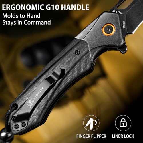 Image of LOTHAR Lich King Folding Pocket Knife, Tactical Pocket Knife for Men Women | 3.5 inch D2 Steel Cool Knife, Sharp Camping Survival Hiking Knives with G10 Handle, Birthday Retirement Gifts for Men Him Her