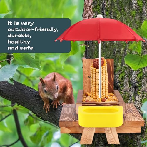 MIXXIDEA Wooden Squirrel Feeder Table with Water Bowl, Squirrel Picnic Table for Outside with Umbrella, Brown Squirrel Feeder with Corn Cob Holder Cute Chipmunk Feeder (Brown)