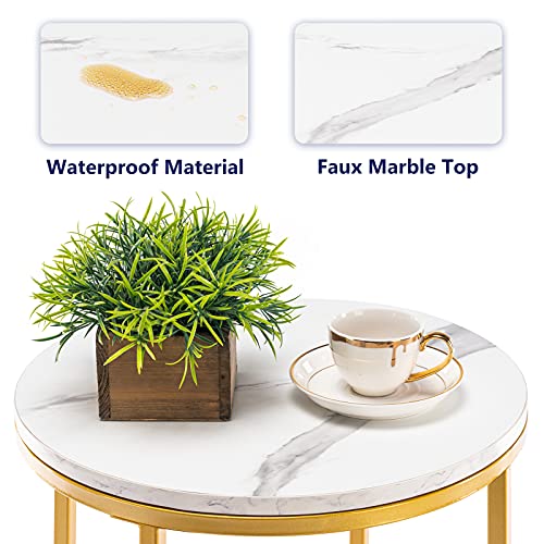 Techmilly Round End Table, Faux Marble Sofa Table, Accent Side Table With Metal Frame, Modern Gold Nightstand, Tall Coffee Table For Living Room, Bedroom-2Packs #TOP3