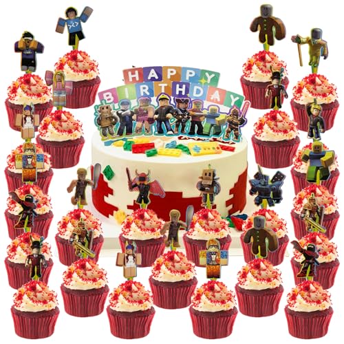 Roblx - Decoración para tartas de cumpleaños, 25 piezas Roblx Cake Topper Happy Birthday Decoration, pastel Topper para suministros de fiesta de cumpleaños