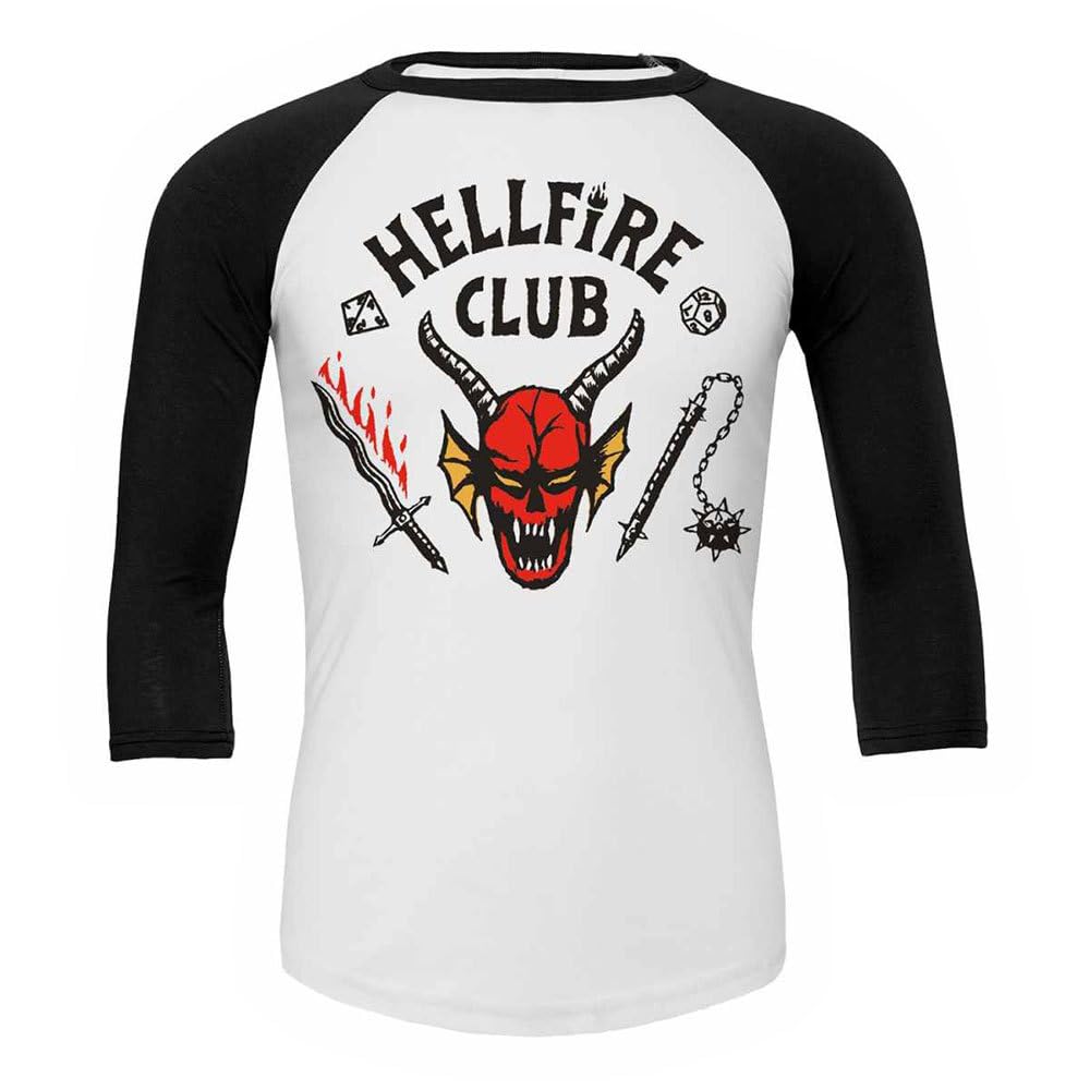 Heroes Inc. Stranger Things - Men's Cotton Tshirt, 3/4 Sleeves, T-Shirt, Baseball, Hellfire Club Logo Print., White and Black, XXL