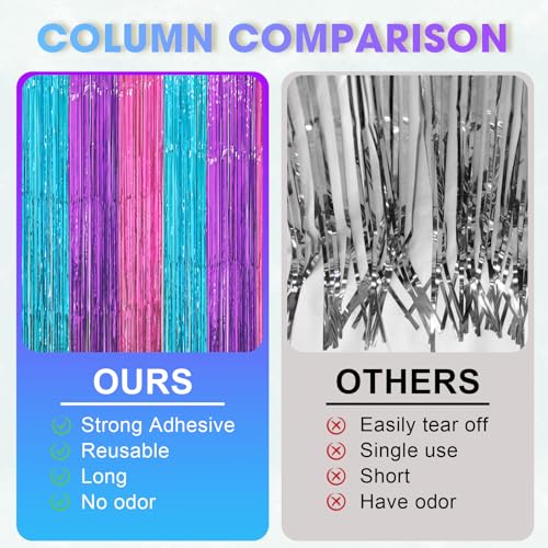 Image of Voircoloria 2 Pack Blue Purple Pink Foil Fringe Backdrop Curtains, Tinsel Streamers Party Decorations, Fringe Backdrop, Door Shimmer for Mermaid or Birthday Party