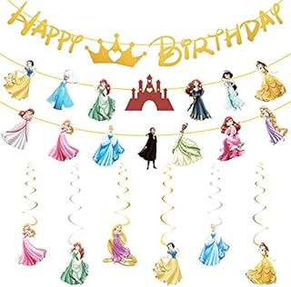 9PCS Cartoon Princess Birthday Decoration, Princesses Bunting Garland and Hanging Decoration, Happy Birthday Banner Decorations, Princess Theme Birthday Party Decoration for Kids Birthday Party
