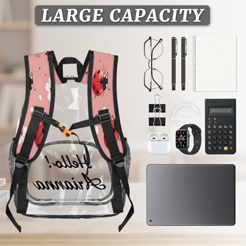 Ladybirds Personalized Large Clear Backpack Heavy Duty for Stadium Approved Custom Flower Ladybugs PVC Transparent Backpack with Name See Through Bag for Concerts3