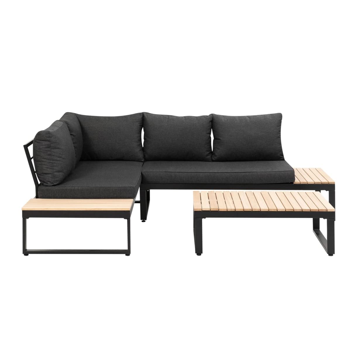 greemotion Ensemble Salon de Jardin Rio, Set de 2 Fauteils et Table en Bois d’Acacia FSC® 100%, Cadre Aluminium, Coussins en Polyester Inclus, Gris/Bois/Noir