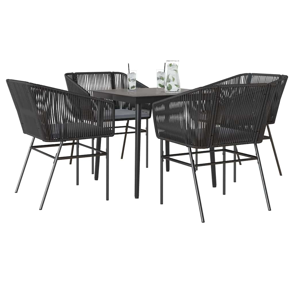 Meubles de jardin en polyrotin noir | Salon de 5 pièces avec table en verre et chaises