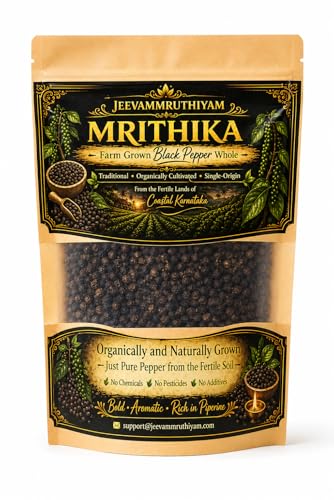 Image of Black Pepper Whole (Kali Mirch Sabut) - MRITHIKA Farm Grown Peppercorns | No Pesticides | Coastal Karnataka Origin | Fresh & Aromatic (200gm)