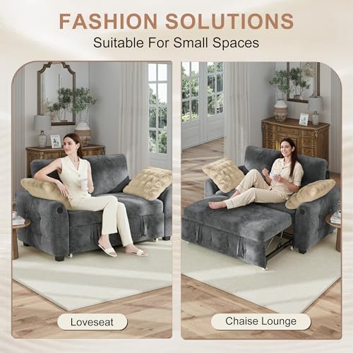 Image of Hanherry 59 inch Loveseat Couch with Pull Out Sofa Bed, Chenille 2-in-1 Convertible 2 Seater Sleeper Sofa with USB Charging,Comfy Love Seat for Small Spaces Living Room Apartment