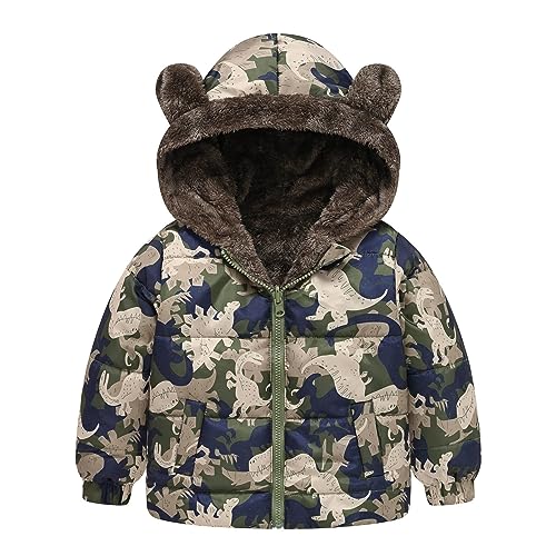 Toddler Boys Winter Warm Jacket Outerwear Dinosaur Hooded Zipper Padded Outwear for Girls or Boys Rain Jacket