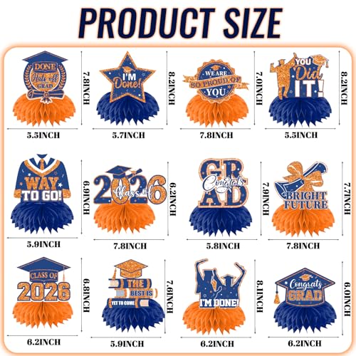 Image of 12pcs Graduation Table Decorations,Orange and Blue Graduation Decorations Graduation Centerpieces for Tables Class of 2026 Centerpieces Honeycomb for 2026 Congrats Grad Table Decor (Orange and Blue)