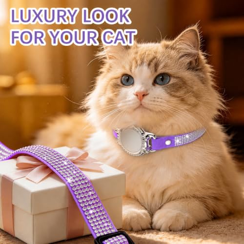 Image of Cat Collar Breakaway, Rhinestone Velvet Cat Collars with Holder and Bell, Adjustable Comfortable GPS Tracker Cat Collar for Girl Boy, Kittens, Puppies(Purple)