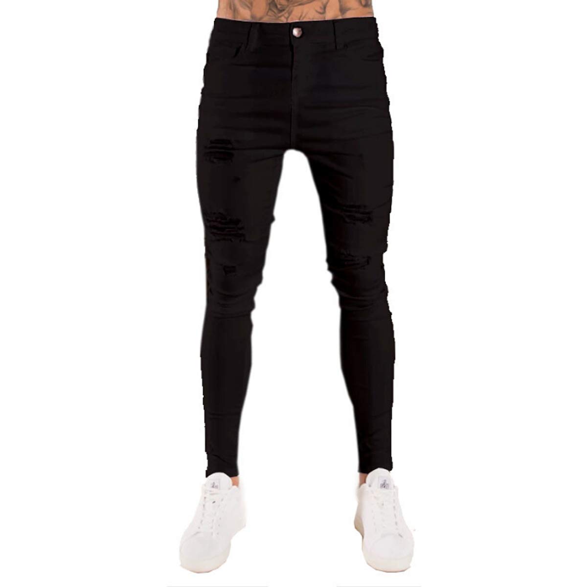 Femereina Men's Black Casual Slim Fit Denim Trousers Ripped Skinny Distressed Destroyed Holes Jeans Denim Pants (, Uk 32=Tag L)