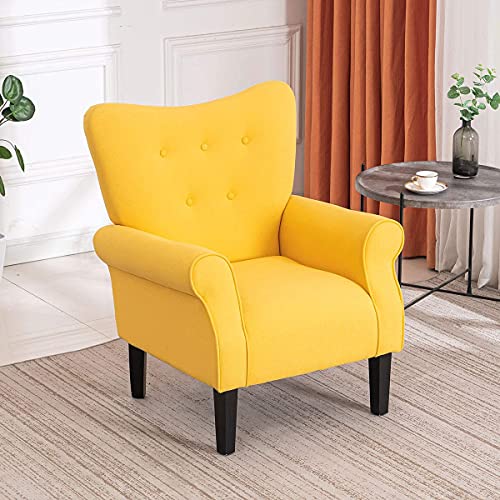 Mellcom Mid Century Wingback Arm Chair,Modern Upholstered Fabric High Back Accent Chair With Wood Legs,Upholstered Single Sofa Club Chair For Living Room, Bedroom, Home Office, Yellow #TOP6