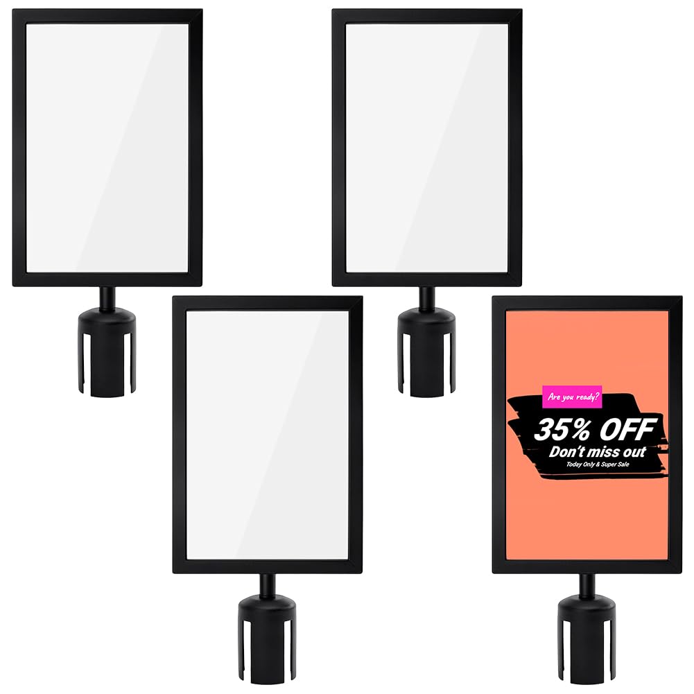 BENECREAT 4Pcs 445x220x67mm/17.5x8.7x2.6inch Stanchion Sign Holder Frame, Portrait Double Sided Sign Frame with Cover for Crowd Control Queue Barrier Sentry Stanchions, Black Iron