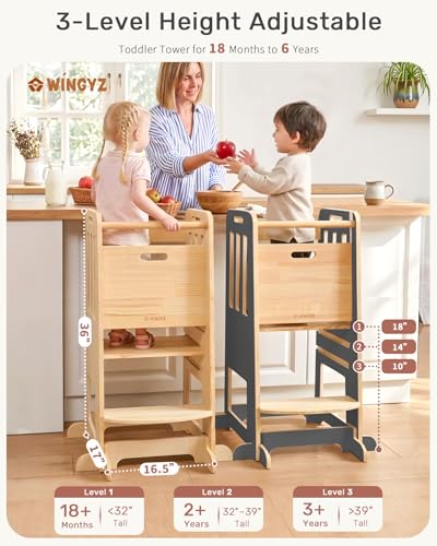 Image of WINGYZ Toddler Tower - Anti-Tip Natural Wood Learning Stool Helper for Kids 18M-6Y, 150lb Capacity Kitchen Stool with 3-Height Adjustable Platform and Sliding Door Access, 20lb Portable Design, Black