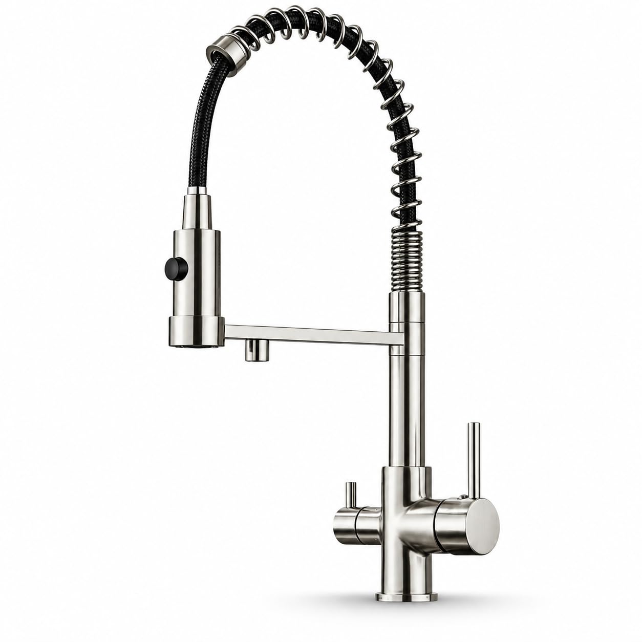 Grifo de cocina de 3 vías SOLID SPRING con ducha extraíble, cable separado para filtro de agua, caño giratorio 360°, grifo de resorte de latón, montaje de un solo orificio (acero inoxidable)