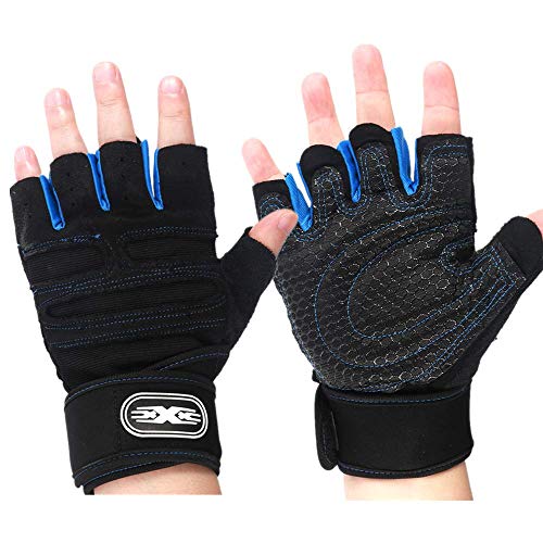 ONEVER Guantes de Levantamiento de Pesas Guantes Gimnasio Entrenamiento Gimnasio Ejercicio Fitness Culturismo Transpirable Con Ayuda de Muñeca Ideal Como Guantes de Ciclismo (Azul XL)