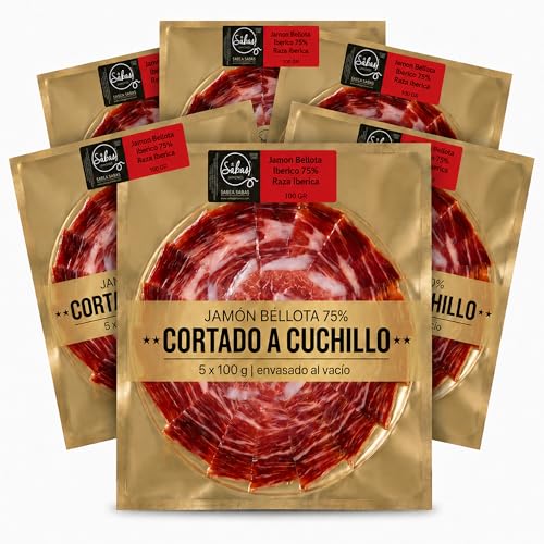 SABE A SABAS Jamon Bellota Iberico 75% Raza Iberica 5 Platos 100 g Cortado a Cuchillo Envasado al Vacio Curacion 36 Meses Loncheado Gourmet Regalo Premium Tabla Aperitivo Dehesa Espanola Fiesta