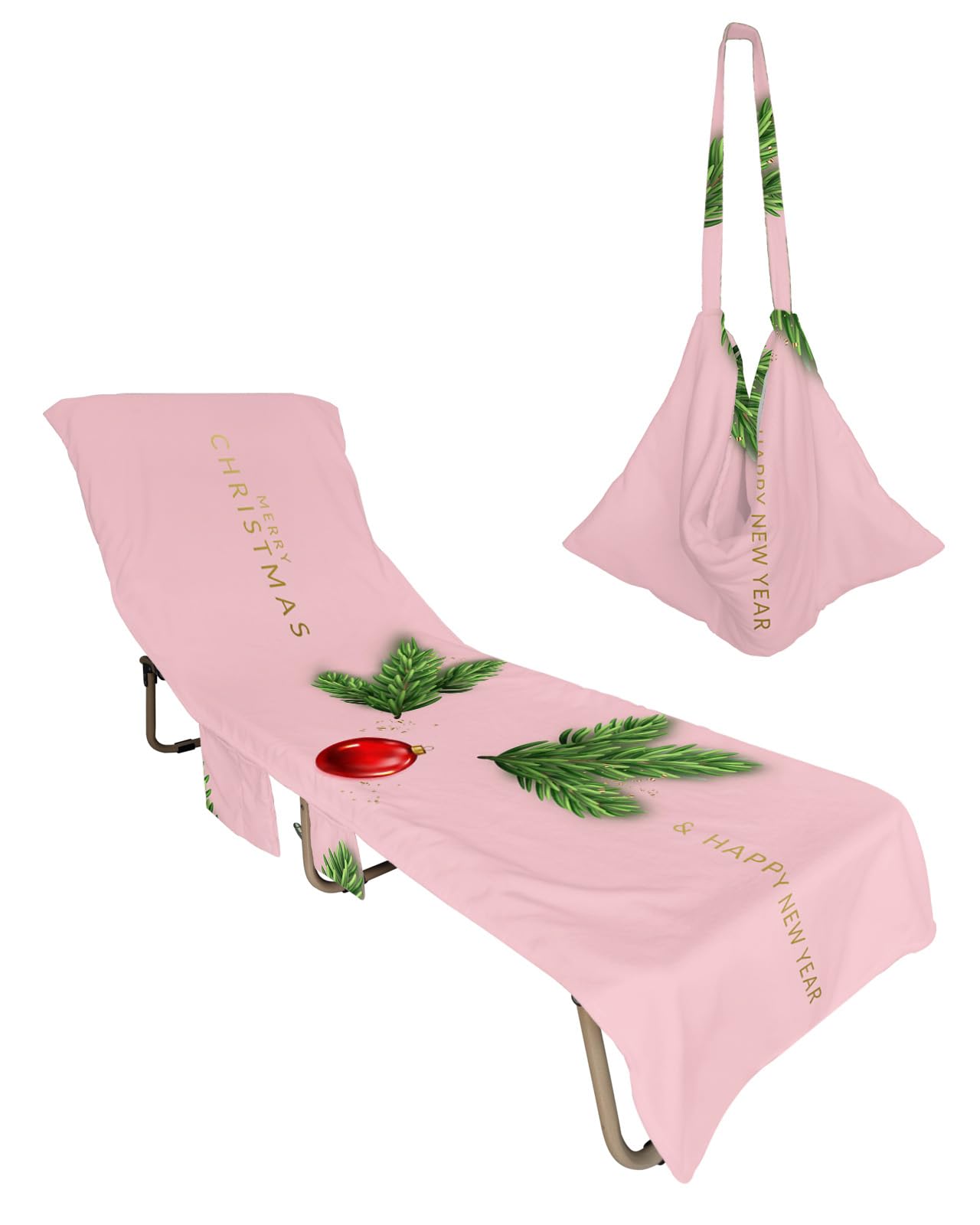 Pink Christmas Beach Lounge Chair Towel Cover, Soft Chaise Lounge Towel with Side Pockets Patio Pool Chairs Cover for Beach/Pool Sunbathing 29x85 Xmas Pine Needles Red Christmas Balls