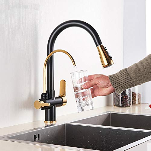 Gougeltd Deck Installation Kitchen Faucet Brass Kitchen Tap With Pure Water Black Golden 3-Ways 360° Rotation Pull Out Style Hot and Cold