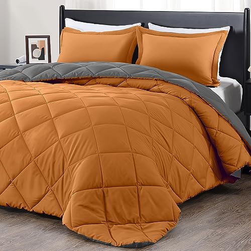 Image of downluxe Queen Comforter Set - Burnt Orange and Grey Queen Comforter, Soft Bedding Sets for All Seasons -3 Pieces - 1 Comforter (88 inchx92 inch) and 2 Pillow Shams(20 inchx26 inch)