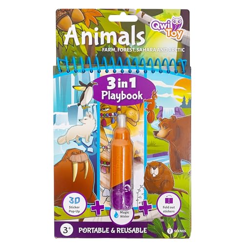 QwiToy 35157 Libro Gioco 3 in 1 Animali, 3 attività, Libro da Colorare con Penna Magica Ricolorabile, Scenario Apribile con Adesivi, Scenario Pop-Up 3D con Adesivi Puffy