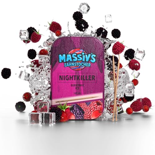 Massivs NIGHTKILLER Berry Mix Ice Flavoured Toothpicks 100 Pieces in Metal Tin Fresh Breath Oral Care Sugar Free Vegan Birch Wood Toothpicks Gum Alternative