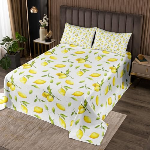 Feelyou Lemon Print Coverlet Set Queen Size Lemon Botanical Bedspread for Kids Boys Girls Decor Leaf Quilted Coverlet Microfiber Summer Fruit Quilted Bedroom