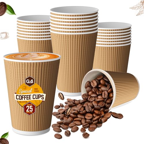 G4GADGET Tazas de café desechables Kraft de 340 ml, paquete de 25 unidades, vasos de papel resistentes de alta calidad, sin tapas, tazas aisladas onduladas para bebidas calientes, té, espresso, comida