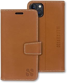SafeSleeve EMF Protection Anti Radiation iPhone 14 Plus Case, RFID EMF Blocking, Card Holder Wallet, Genuine Leather, Adjustable Stand Cell Phone Case, for Women & Men (Leather)