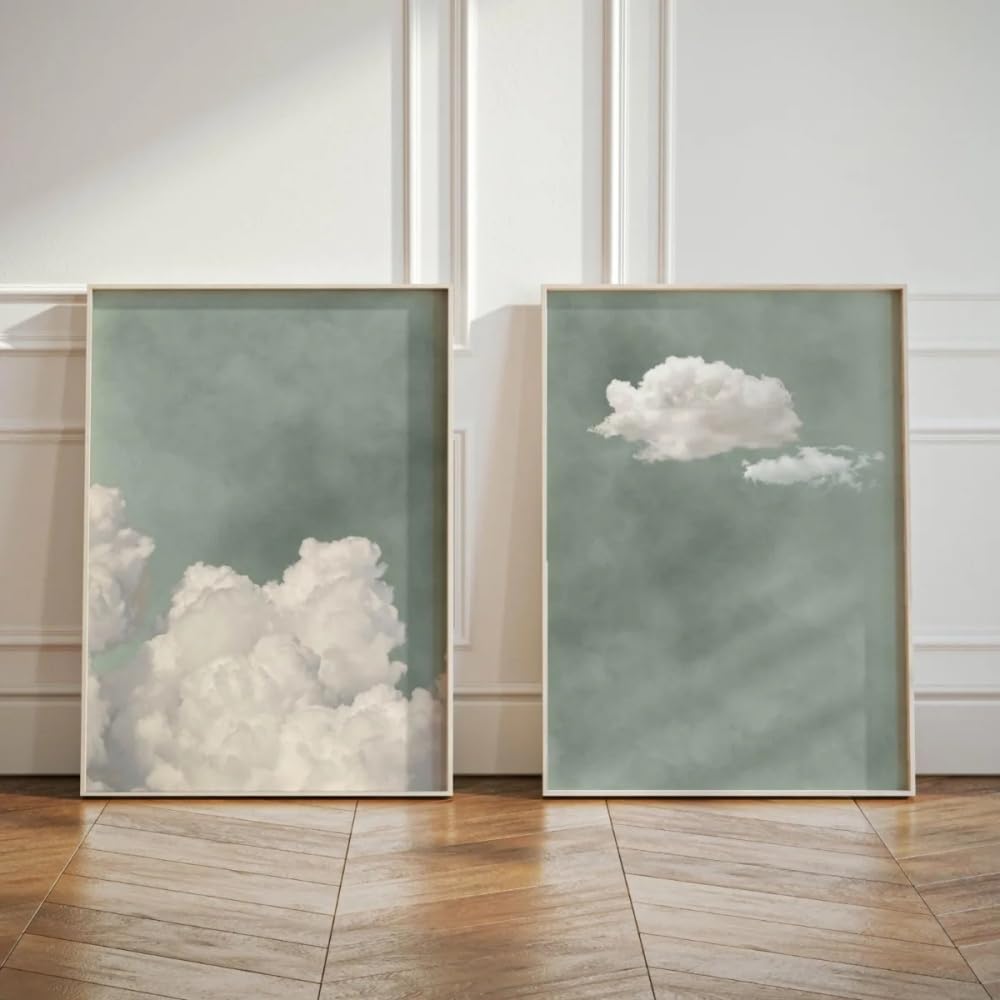 Hurcp Green Set Of 2 Sage Cloud Sky Abstract Canvas Print Poster Modern Minimalist Art Prints Home Decor Wall Art Poster,A2 (42X60cm)